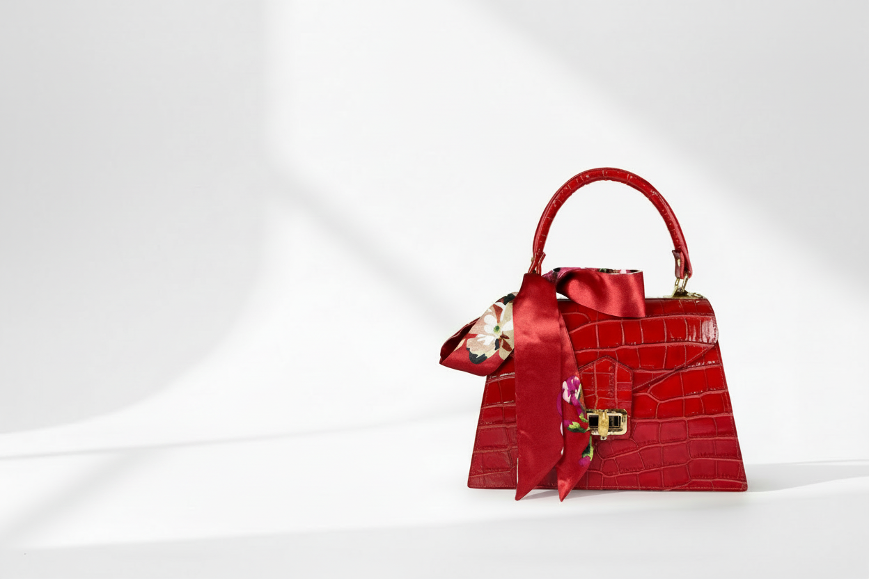 Sac à main cuir imprimé crocodile rouge avec foulard fleuri en satin et chaîne dorée - Made in Italie SKyb