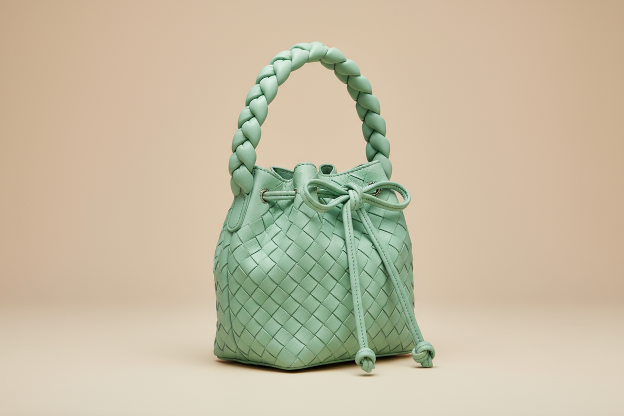 Sac seau vert menthe en cuir tissé artisanal - Collection sacs portés main SKyb