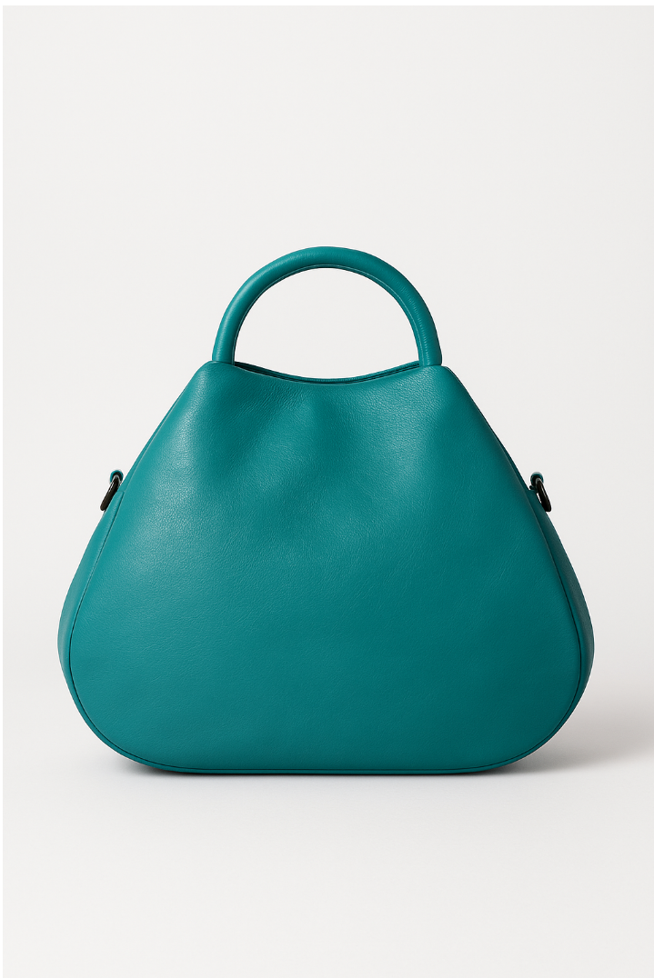 (55C061) Sac à Main Cuir Véritable Forme Arrondie avec Fermoir Circulaire Doré - Design Contemporain Italien