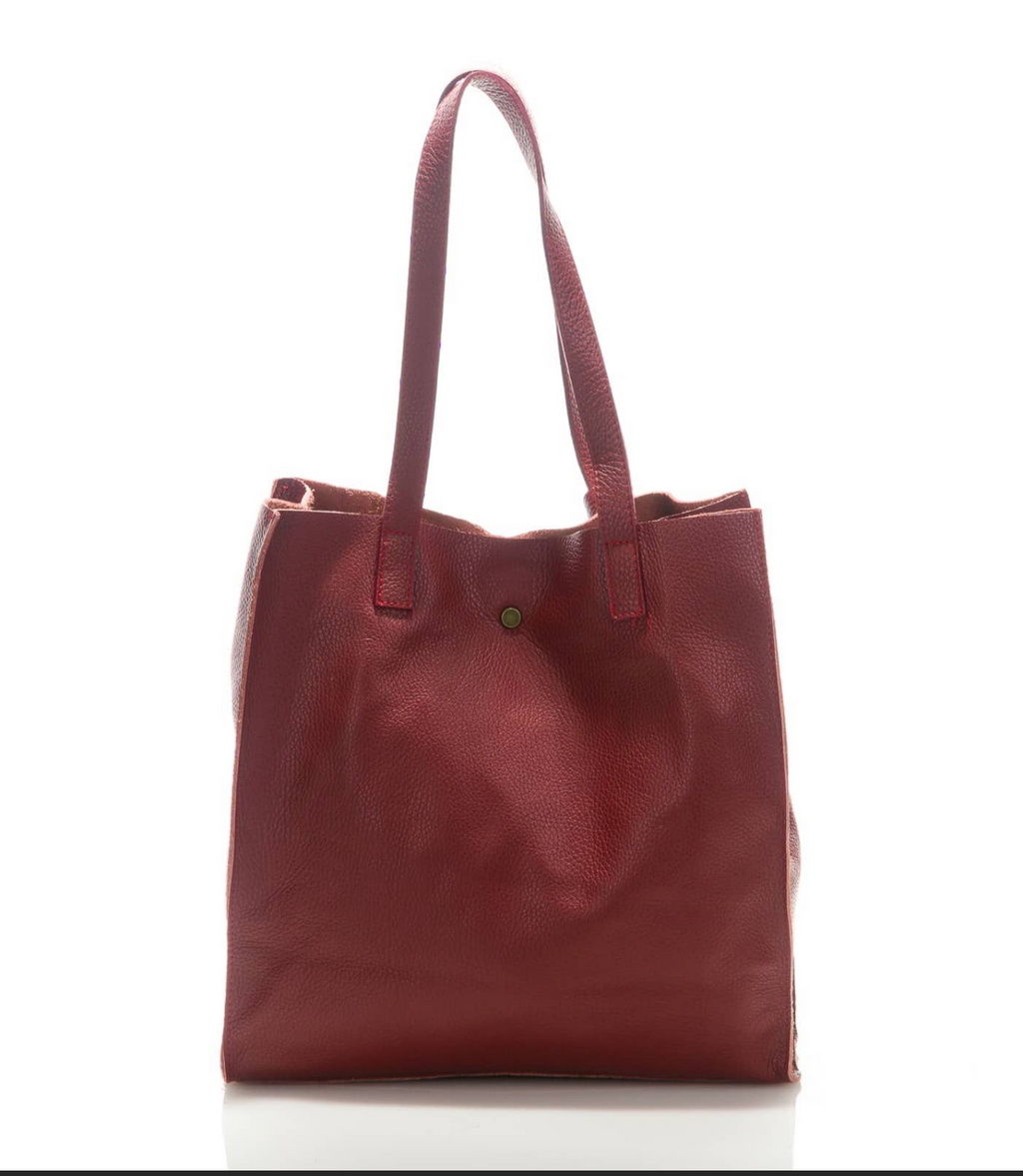 (668868) Sac Fourre-Tout Cuir Véritable Bordeaux - Grand Tote Bag Cabas Italien Souple