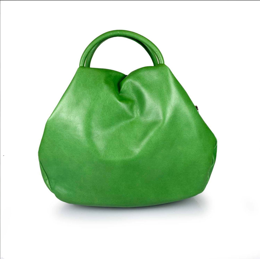 55C061 Sac à Main Cuir Vachette Forme Arrondie avec Fermoir Circulaire Argenté - Design Contemporain Italien