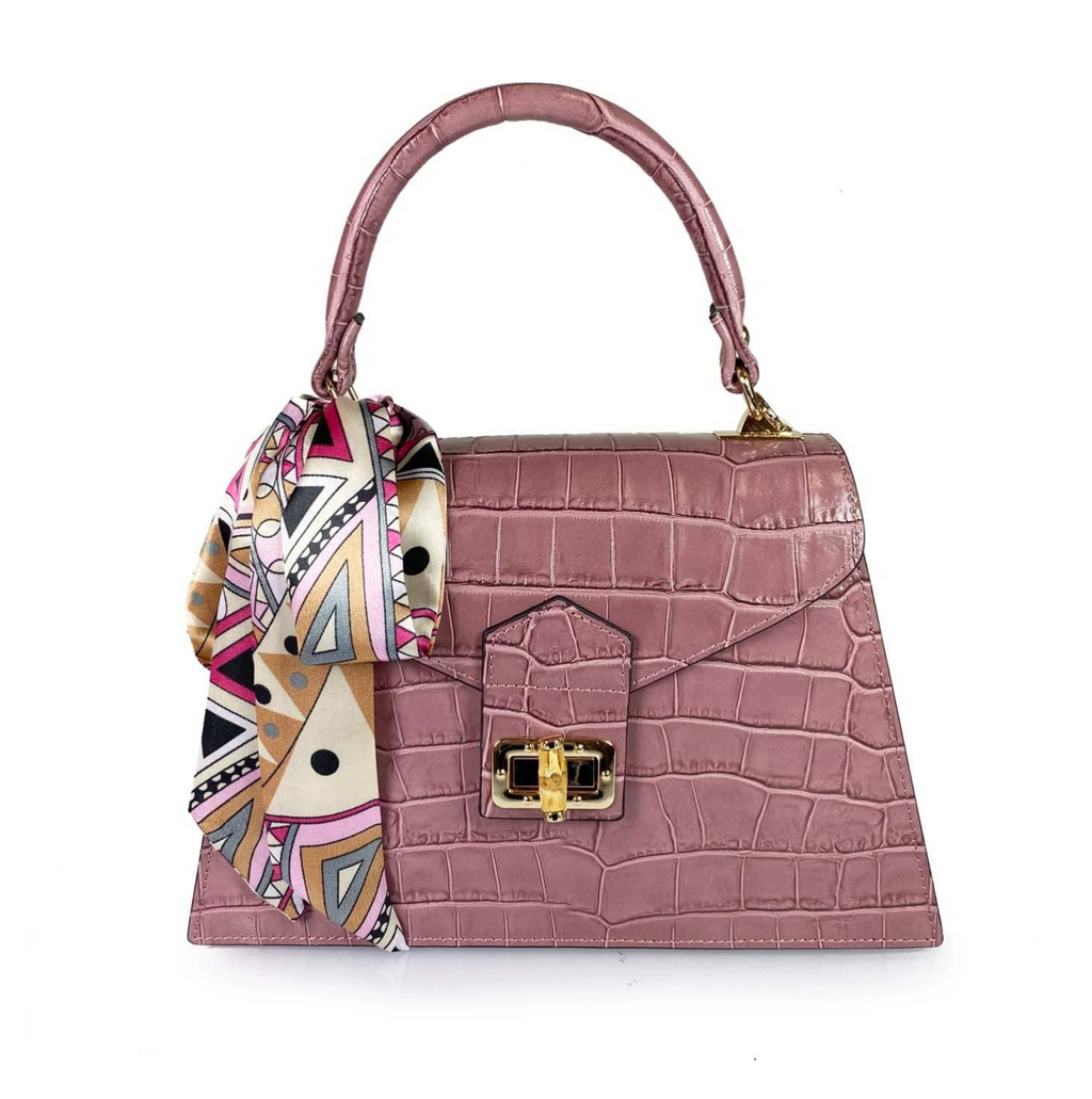 55C088 Sac à Main Cuir Vachette Imprimé Crocodile avec Foulard - Maroquinerie Italienne
