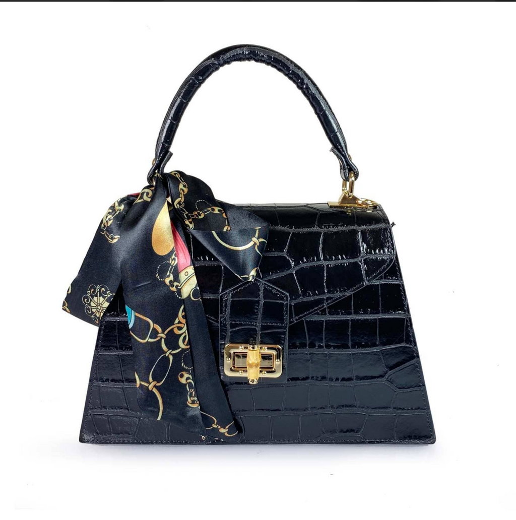 55C088 Sac à Main Cuir Vachette Imprimé Crocodile avec Foulard - Maroquinerie Italienne