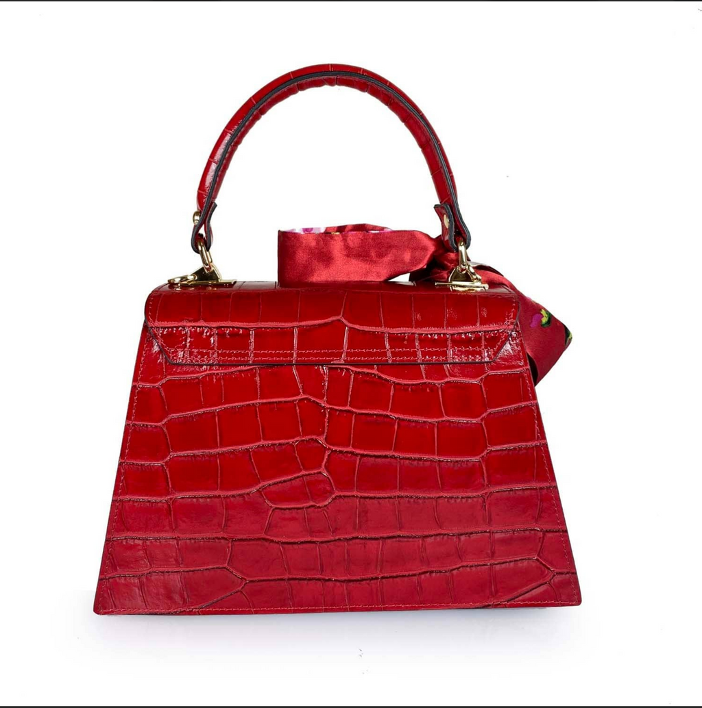 55C088 Sac à Main Cuir Vachette Imprimé Crocodile avec Foulard - Maroquinerie Italienne