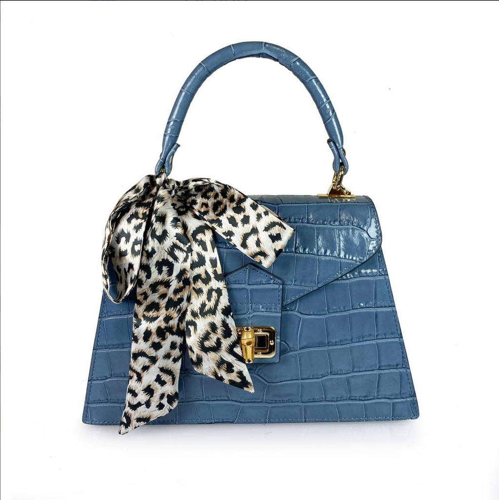 55C088 Sac à Main Cuir Vachette Imprimé Crocodile avec Foulard - Maroquinerie Italienne