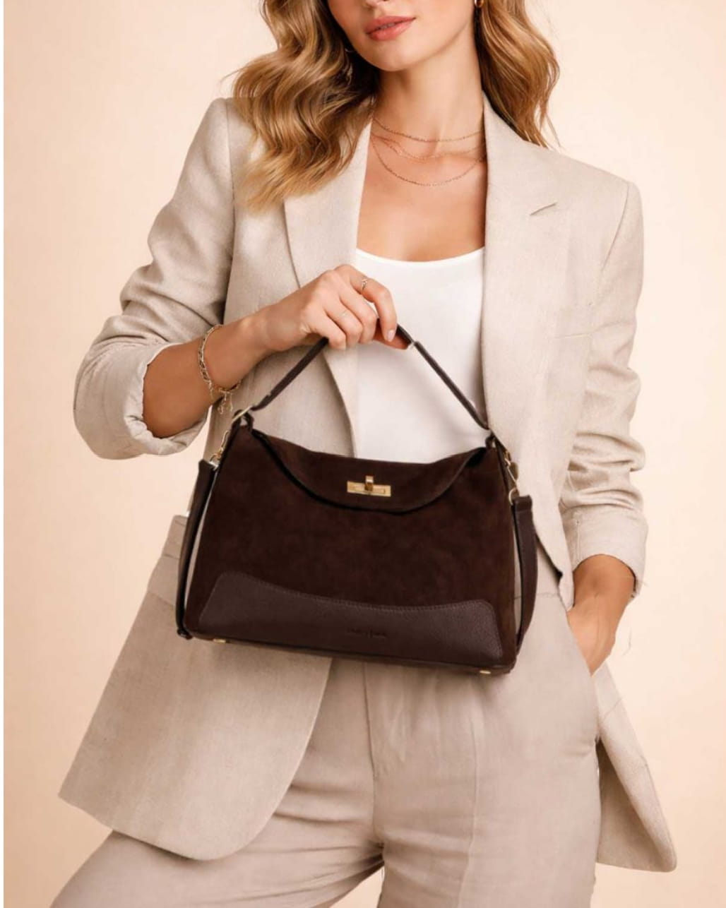 Le PERLA SUÈDE — Sac porté épaule cuir suède Chocolat, fermoir tourniquet — SKyb