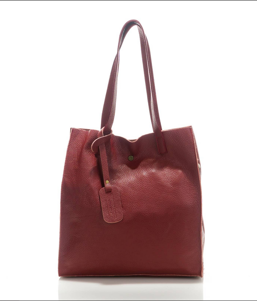(668868) Sac Fourre-Tout Cuir Véritable Bordeaux - Grand Tote Bag Cabas Italien Souple