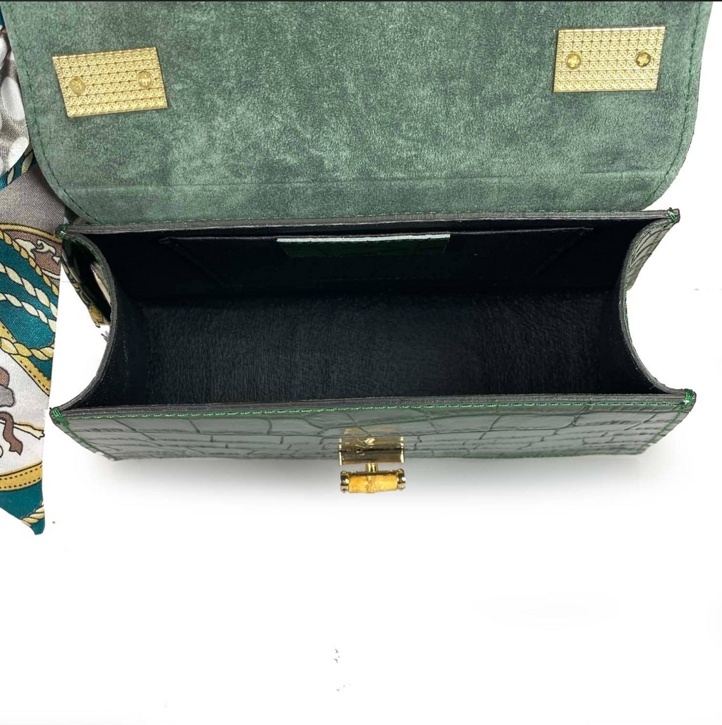 55C088 Sac à Main Cuir Vachette Imprimé Crocodile avec Foulard - Maroquinerie Italienne