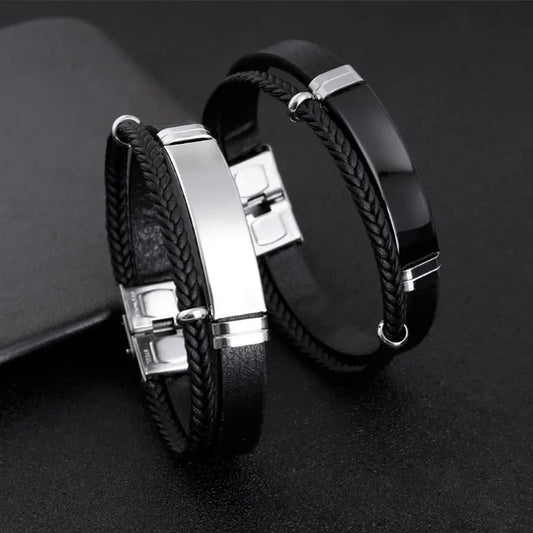 Bracelets en acier, tresse torsadée et corde en cuir unisexe