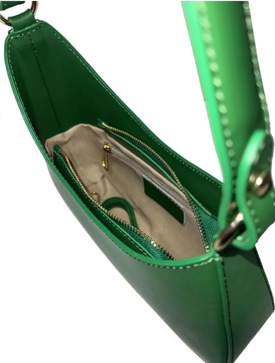 ac bandoulière IGINIA en cuir véritable vert foncé, vue intérieure, artisanat italien — SKyb