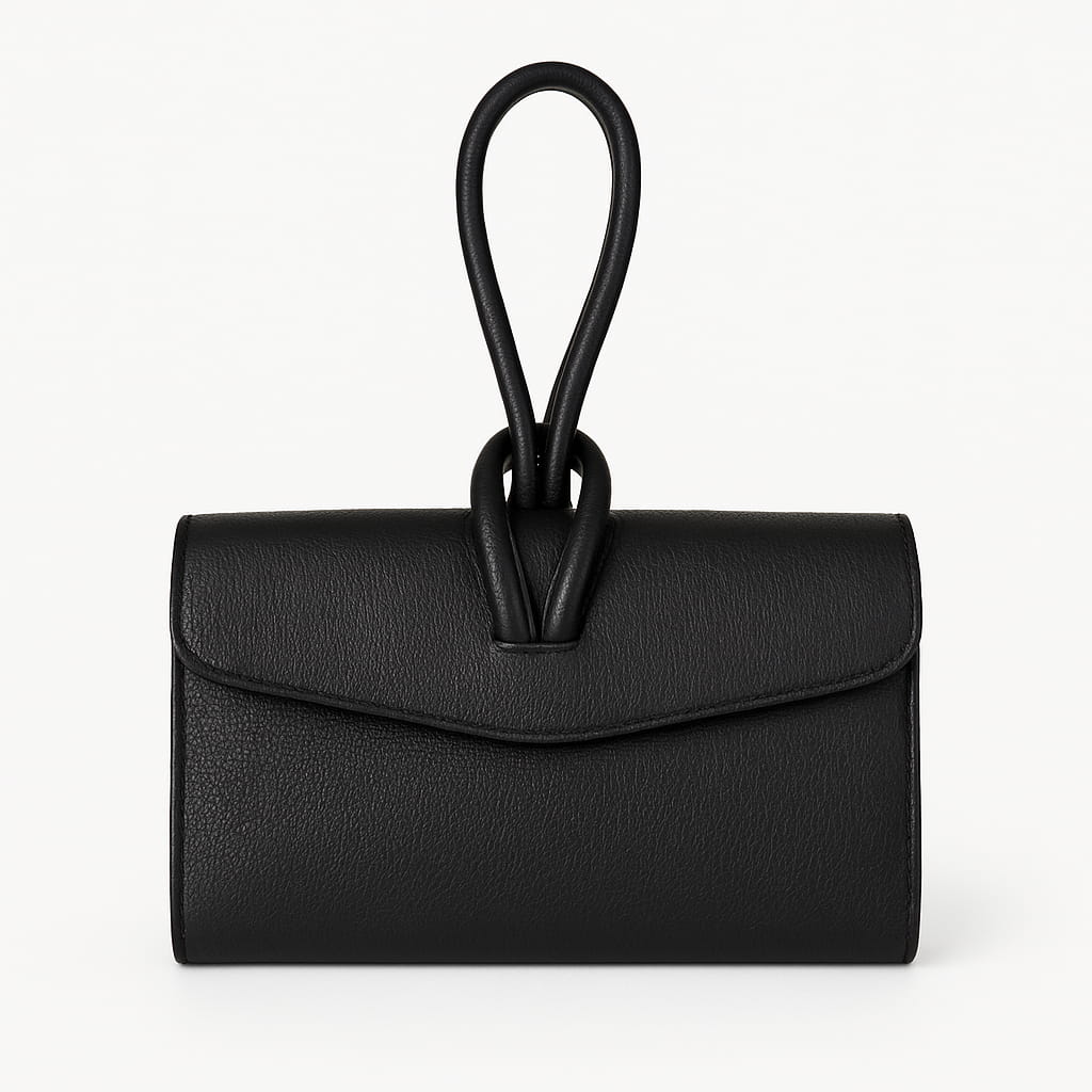 55C089 Pochette Cuir Vachette Noir avec Poignée Nouée - Design Minimaliste Made in Italy | SKyb