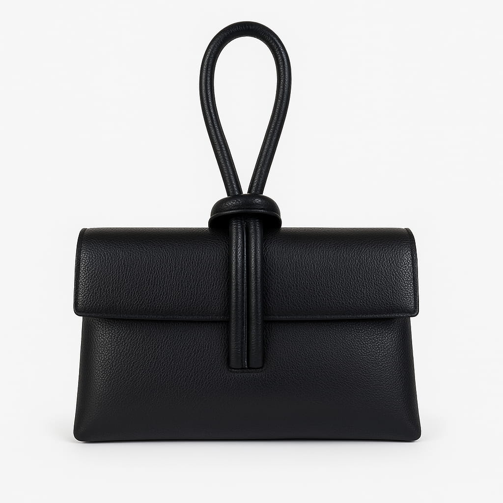 55C089 Pochette Cuir Vachette Noir avec Poignée Nouée - Design Minimaliste Made in Italy | SKyb