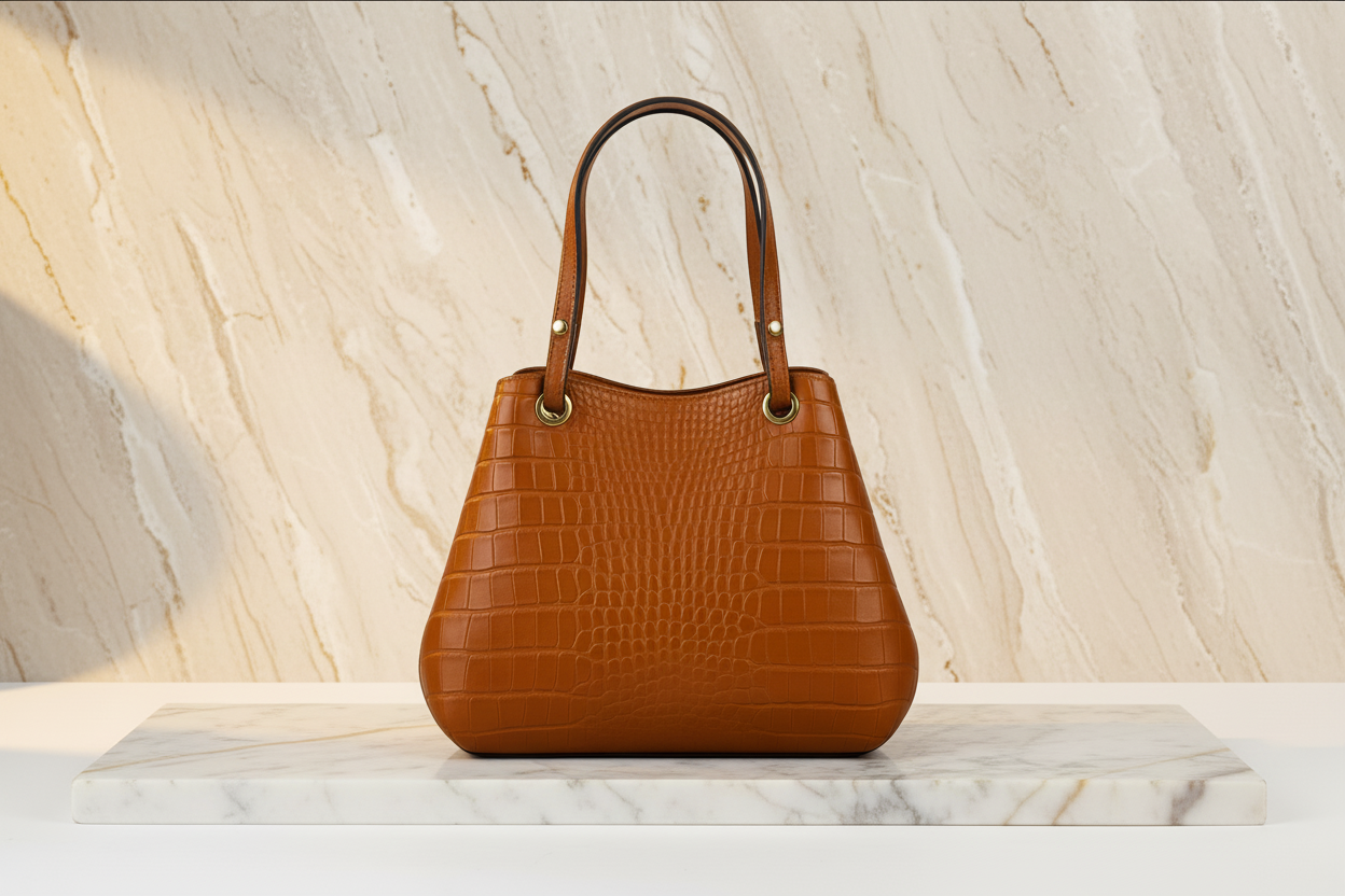 Sac bucket cognac fond marbre beige
