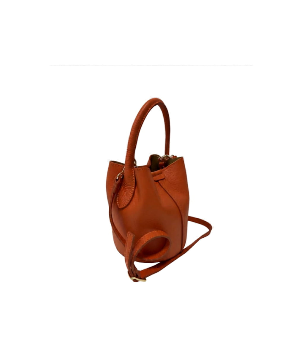Sac seau TEA en cuir véritable orange, vue de côté, format mini, artisanat italien — SKyb